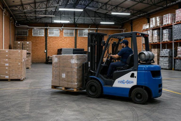 Empilhadeira em movimentação de cargas no armazém Kalinca