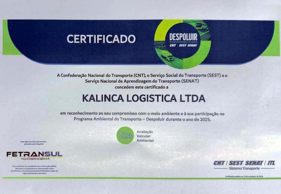 Certificado Despoluir recebido pela Kalinca Logística Ltda.